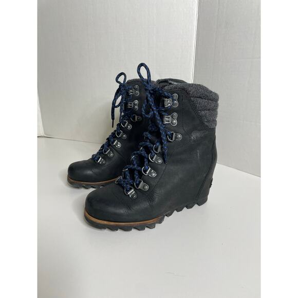 Sorel Conquest Wool Wedge Ankle Boots Womens Size 5 Black Leather Lace Up - Picture 1 of 7